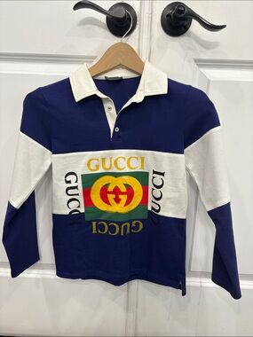 Gucci Kids Navy White Long-Sleeve Logo Rugby Polo with Iconic Stripe